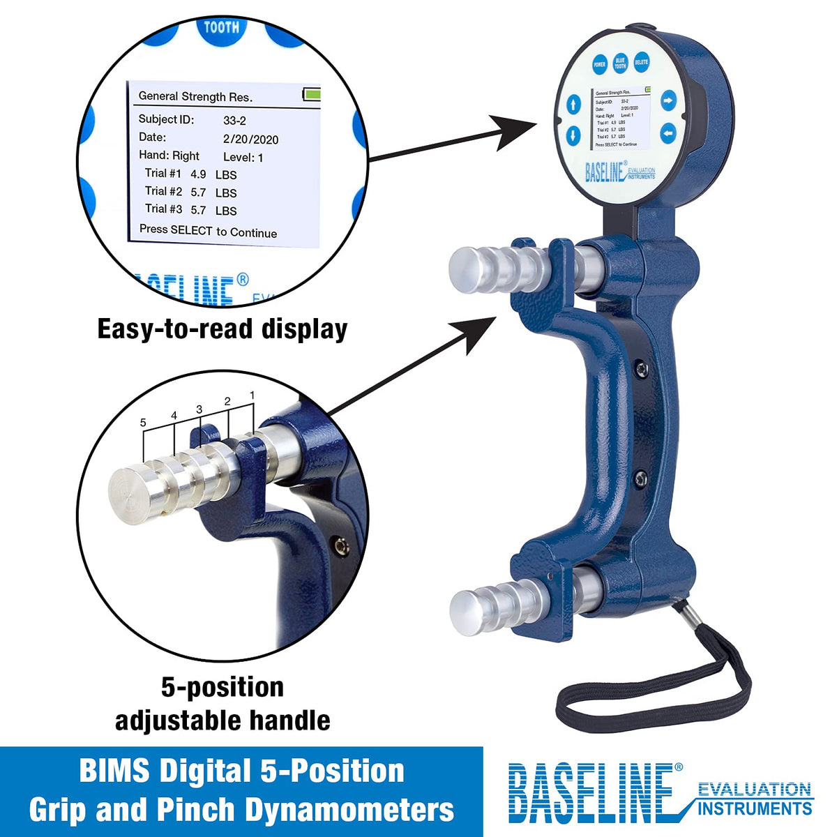 Baseline BIMS Dinamómetro de Mano Digital de 5 Posiciones para Pruebas de Fuerza de Agarre y Evaluación de Terapia Profesional