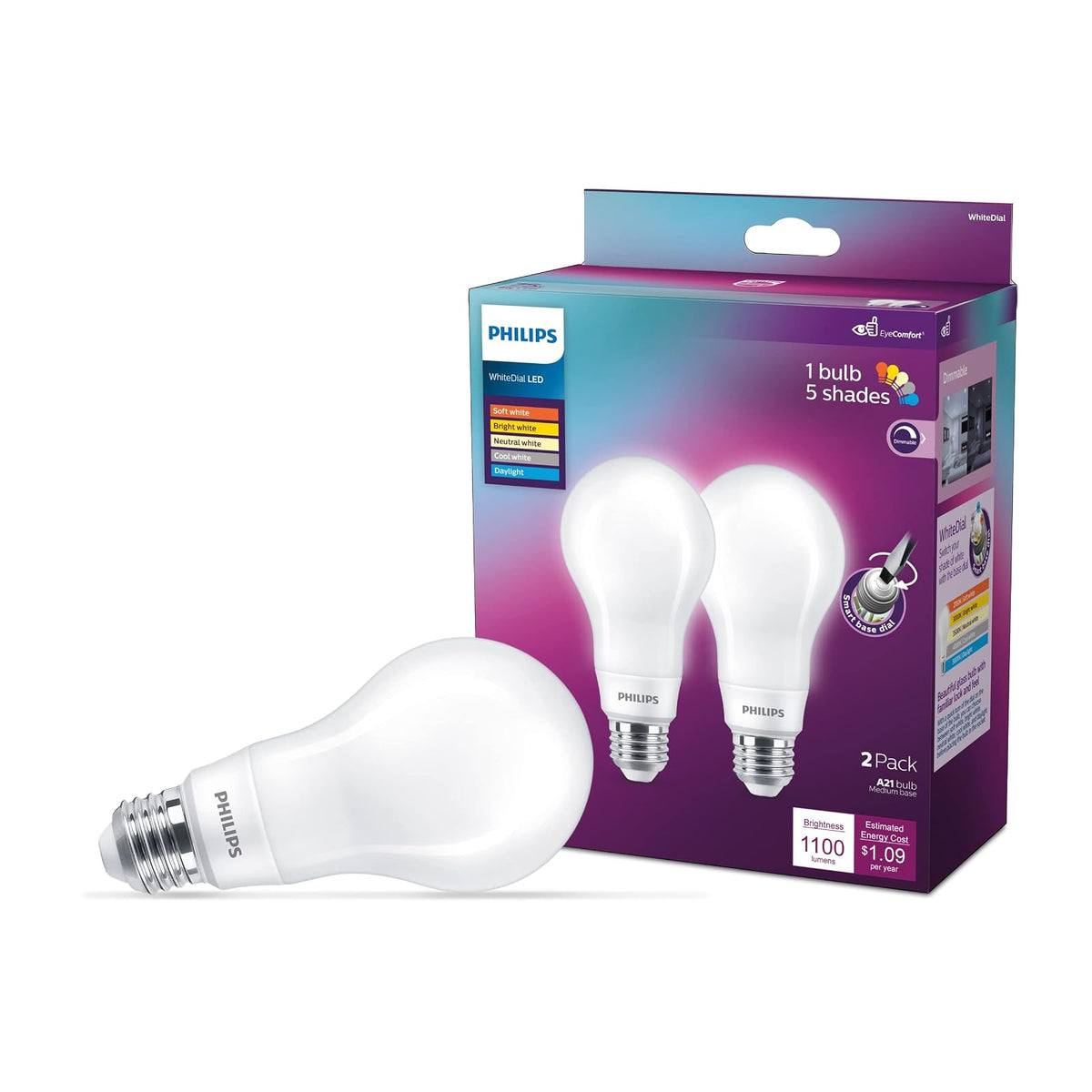Philips LED White Dial Falker Frosted A19, tecnología de confort de ojos, 1100 lúmenes, blanco suave/blanco brillante/neutral blanco/blanco frío/luz de día (2700-5000K), 9W = 75W, T20 certificado