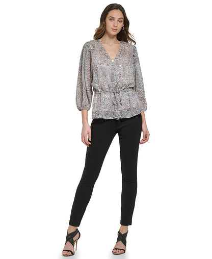 DKNY Blusa favorecedora con Lazo en la Cintura y Mangas de Burbujas Blusas para Mujer