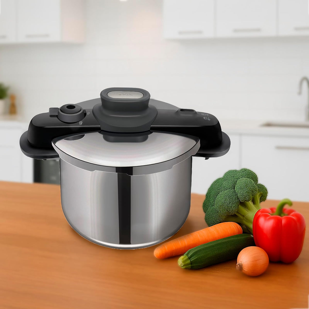 T-fal Súper Combo Premium con Olla a presión de Acero Compact Easy 6L + Set de dos cuchillos + Cucharón + Pinzas de cocina + Pelador, P3530733M