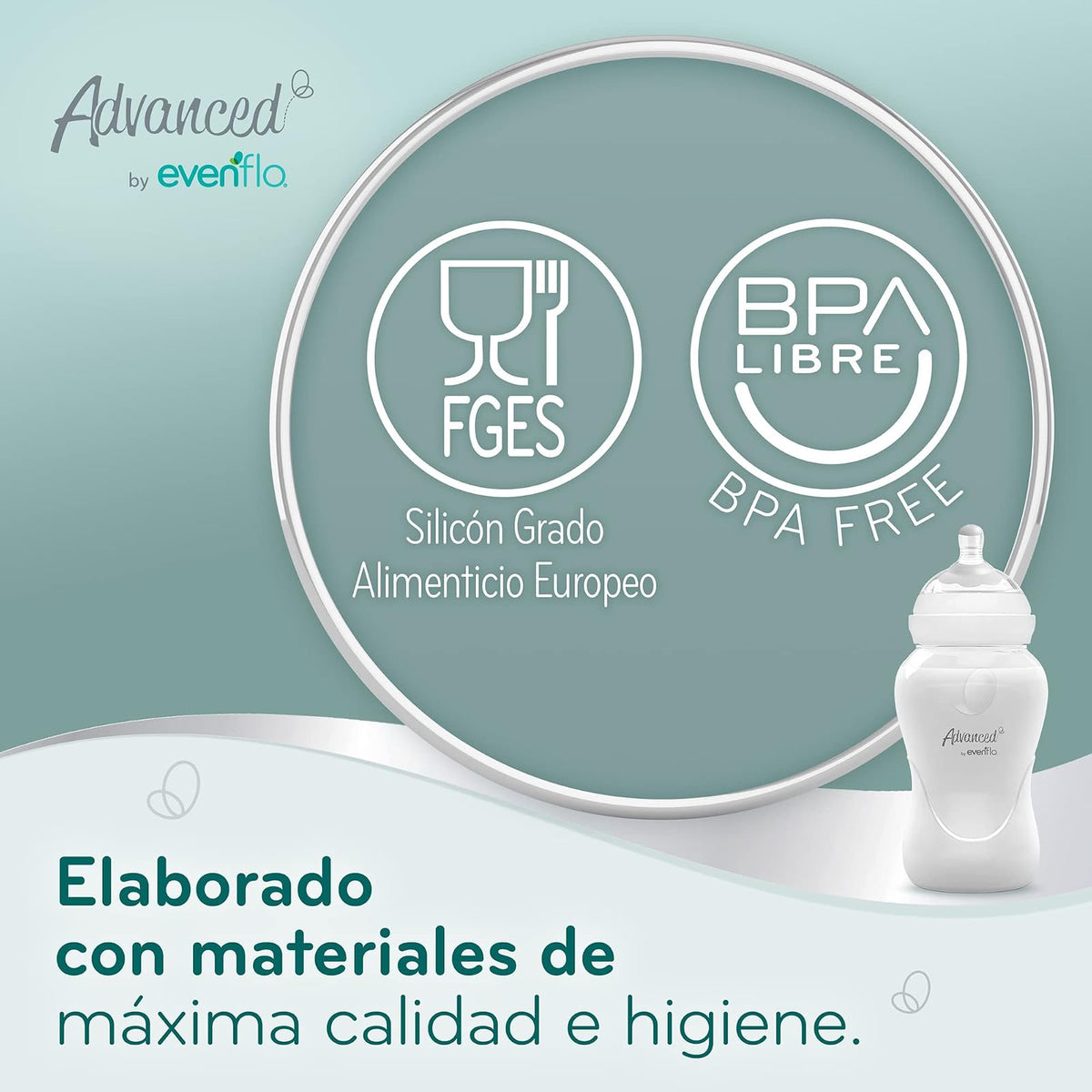 Evenflo Advanced Biberón Anticólicos Avanzado, Cuello Ancho, Transparente, 270ml, 2 Piezas, Flujo Medio, Silicón Grado Alimenticio, Sistema Doble Válvula, para Bebés desde 3 Meses