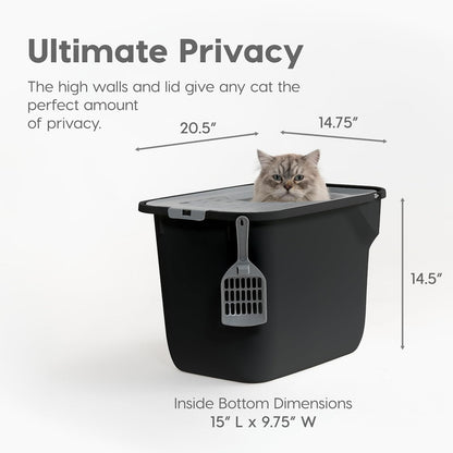 IRIS USA Caja de Arena Gato Entrada Superior, Tapa Atrapa Arena, Pala | Perfecta para hogares con varios gatos, entrada superior, diseño resistente a perros, interior amplio y fácil limpieza