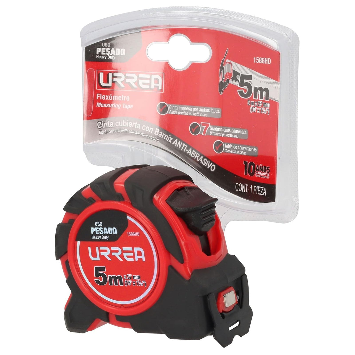 Urrea 1586HD Flexómetro Heavy Duty con Hoja de Acero y Carátula de ABS + TPR, 5 M x 27 Mm, 4 Remaches