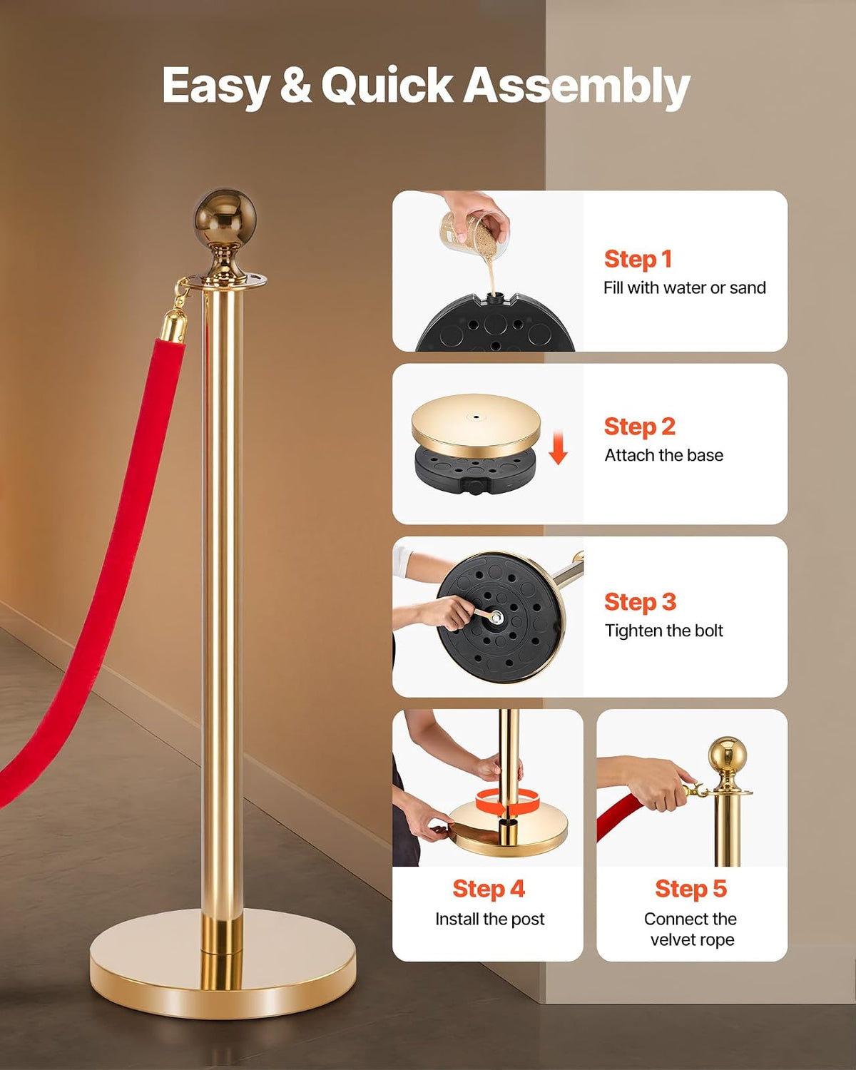 VEVOR Poste Guía de Barrera 8 Piezas con 6 Cuerdas de Terciopelo y Alfombra Roja, Barrera de Marcado de Control con Base, para Cola de Separación de Demarcación en Teatro Hotel Exposición, Dorado