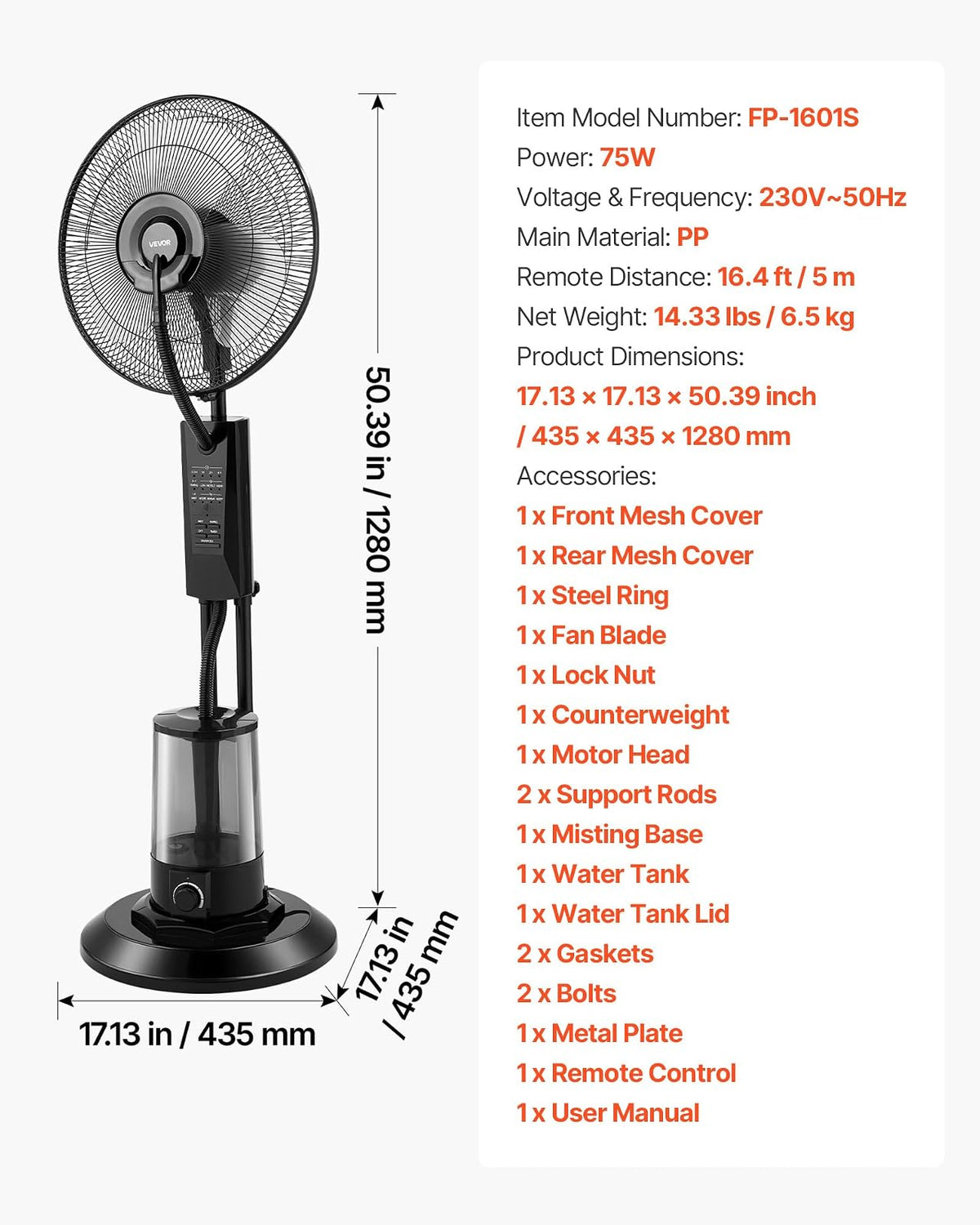 VEVOR Ventilador nebulizador, 3 velocidades, ventilador de pie nebulizador, ventiladores de enfriamiento nebulizador con tanque de agua de 0.79 gal, control remoto y panel