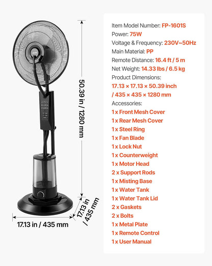 VEVOR Ventilador nebulizador, 3 velocidades, ventilador de pie nebulizador, ventiladores de enfriamiento nebulizador con tanque de agua de 0.79 gal, control remoto y panel