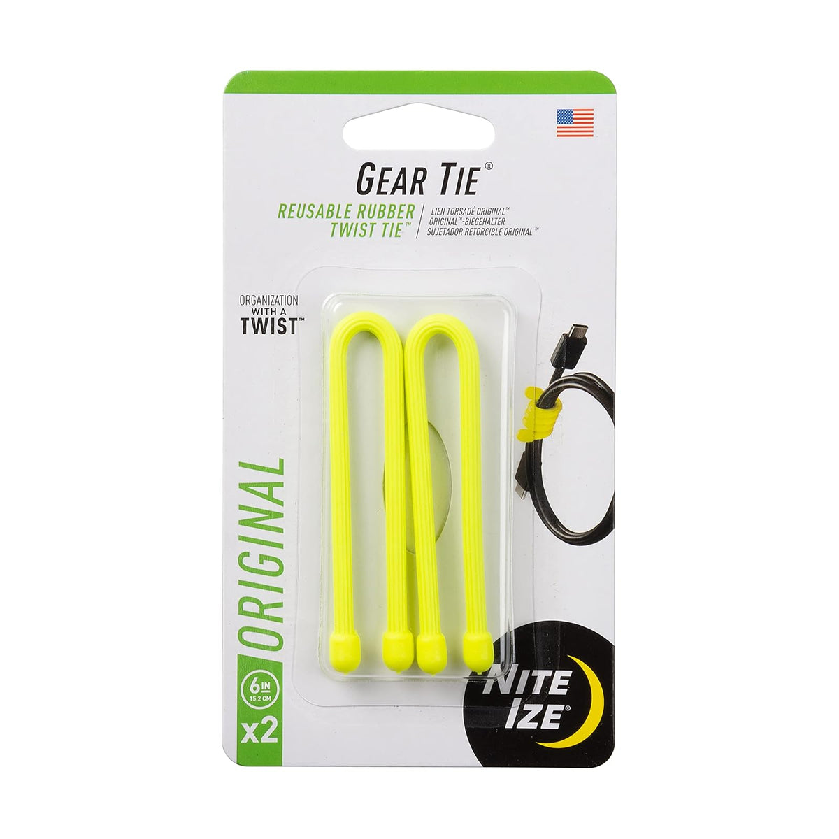 Nite Ize Original Gear Tie, tira retorcida de goma reutilizable, 6" - 2-Pack, Amarillo Neón