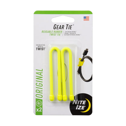 Nite Ize Original Gear Tie, tira retorcida de goma reutilizable, 6" - 2-Pack, Amarillo Neón