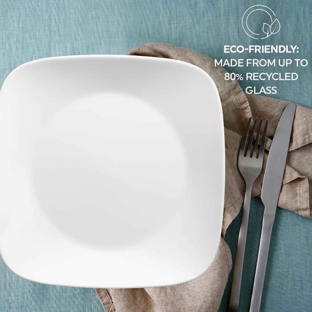 Corelle Vitrelle - Juego de vajilla cuadrada de 18 piezas de 18 piezas de servicio para 6 vajillas cuadradas de triple capa resistente a vidrio y astillas, juego de platos y cuencos cuadrados ligeros