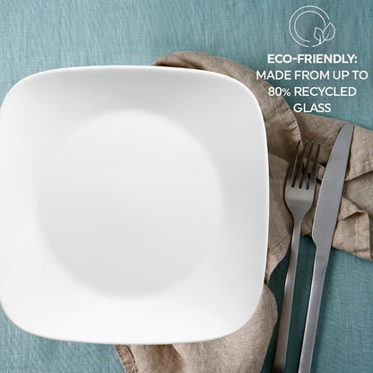 Corelle Vitrelle - Juego de vajilla cuadrada de 18 piezas de 18 piezas de servicio para 6 vajillas cuadradas de triple capa resistente a vidrio y astillas, juego de platos y cuencos cuadrados ligeros