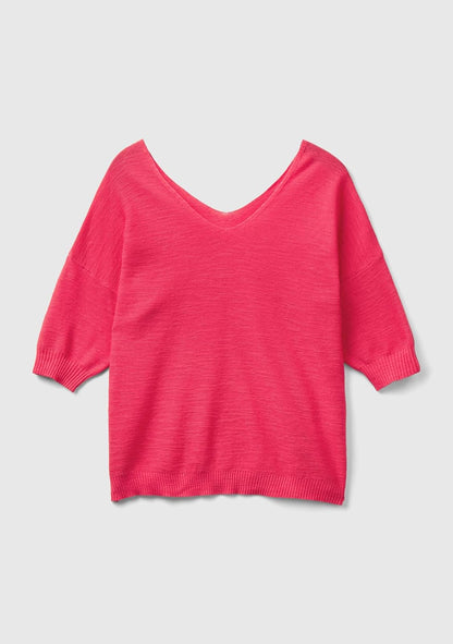 United Colors of Benetton Blusa de Punto, Escote V, Manga 3/4 Hombro caído, Corte Regular 70% algodón y 30% Lino para Mujer