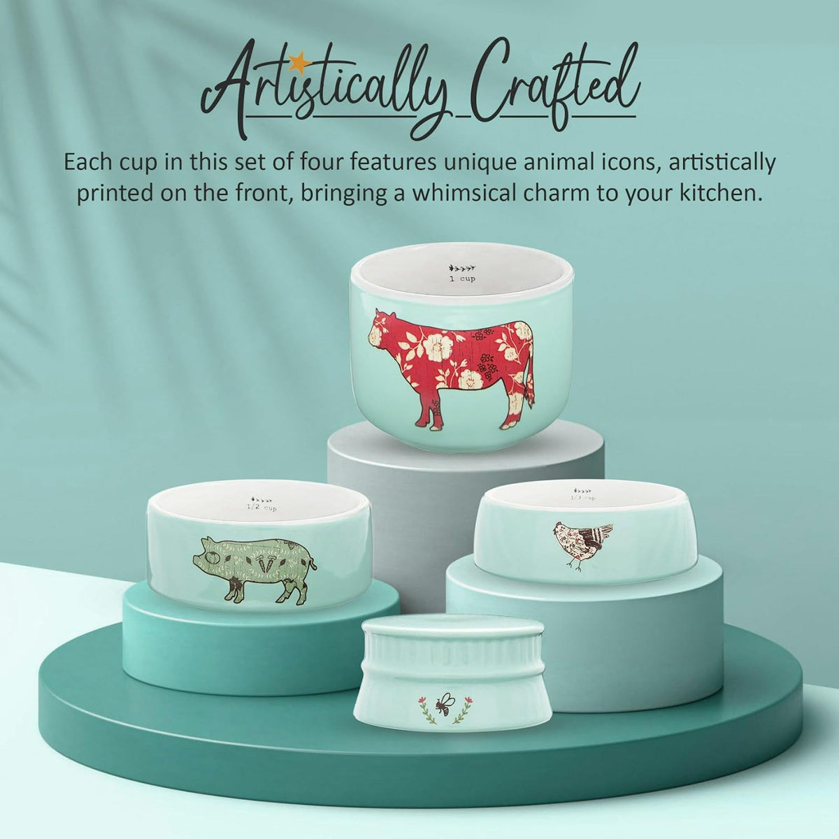 Pavilion Gift Company Live Simply Bee - Tazas medidoras de pollo y vaca, color verde azulado