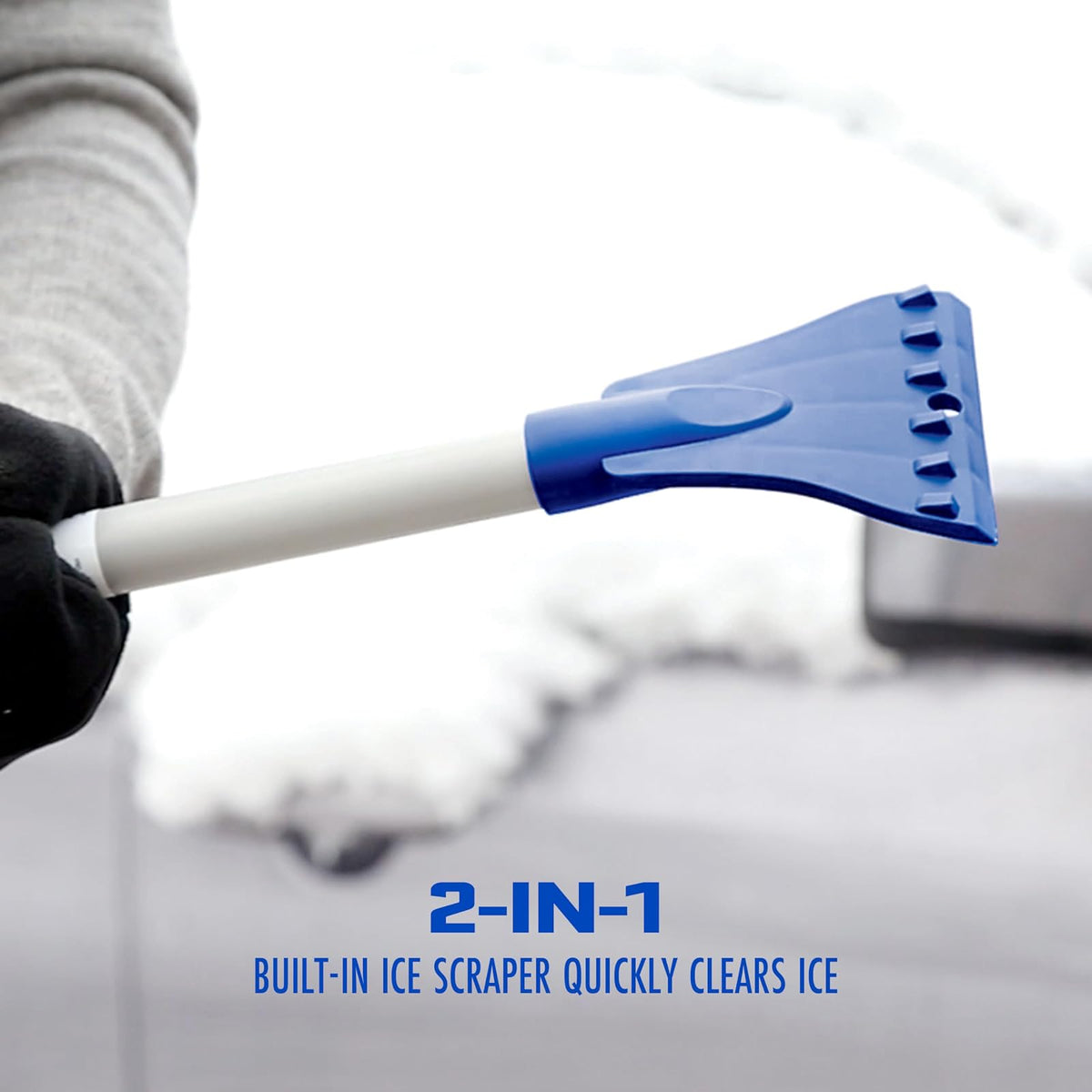 Snow Joe SJBLZD-LED 4 en 1 escoba telescópica de nieve + rascador de hielo, cabeza de espuma de 18 pulgadas, faros, azul
