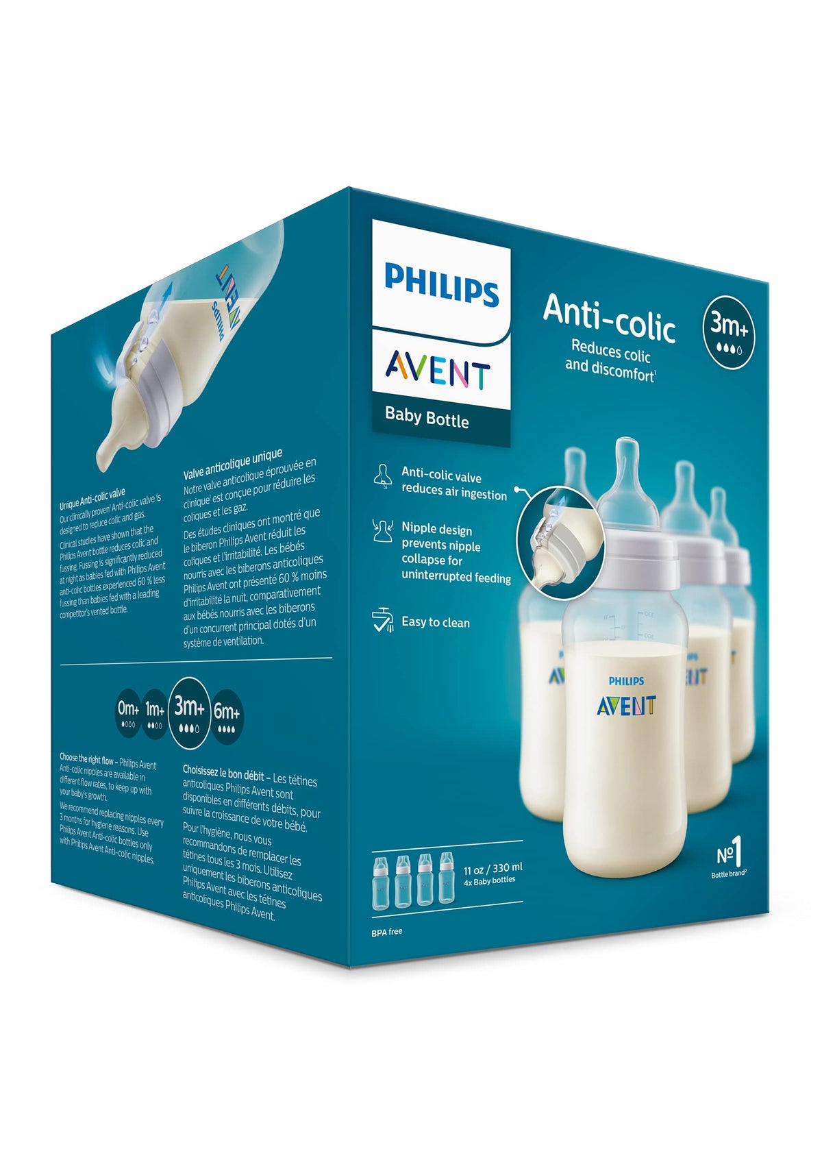 Philips Avent SCY106/04 - Biberones anticólicos (330 ml, 4 unidades), transparente