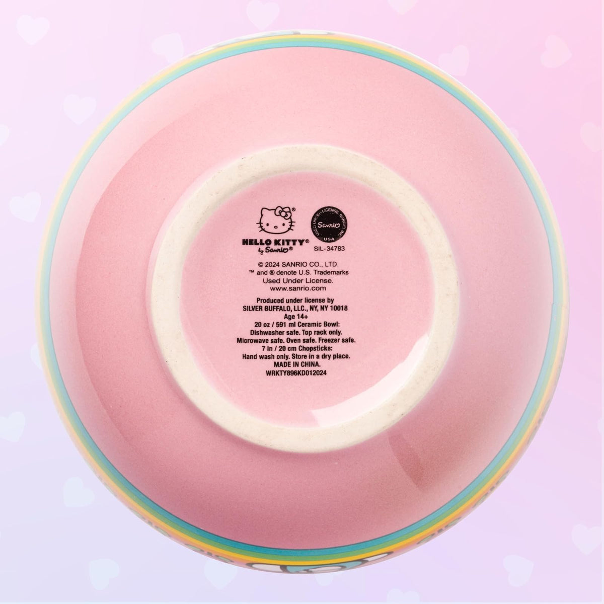 Silver Buffalo Hello Kitty Tazón de Arroz con Palillos | Rayas Arco Iris, Diseño de Flores, 20 oz