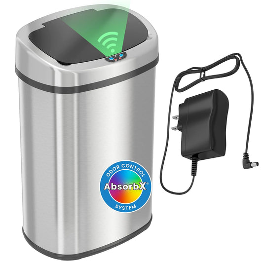 SensorCan - cubeta de basura de cocina con sensor automático de 13 galones sin batería con adaptador de corriente, cubeta de basura de acero inoxidable de forma ovalada con enchufe de CA