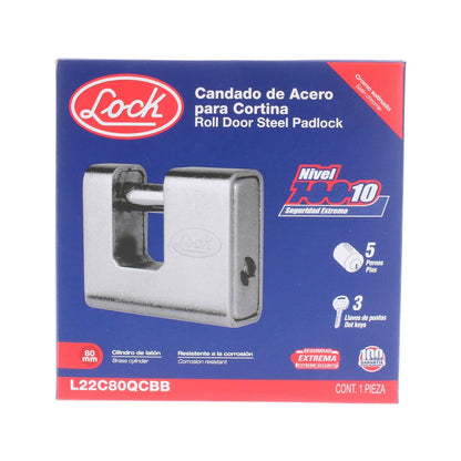 Lock L22C80QCBB Candado de acero para cortina metálica 80 mm, cromo satinado, llave de puntos