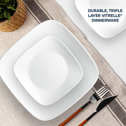 Corelle Vitrelle - Juego de vajilla cuadrada de 18 piezas de 18 piezas de servicio para 6 vajillas cuadradas de triple capa resistente a vidrio y astillas, juego de platos y cuencos cuadrados ligeros