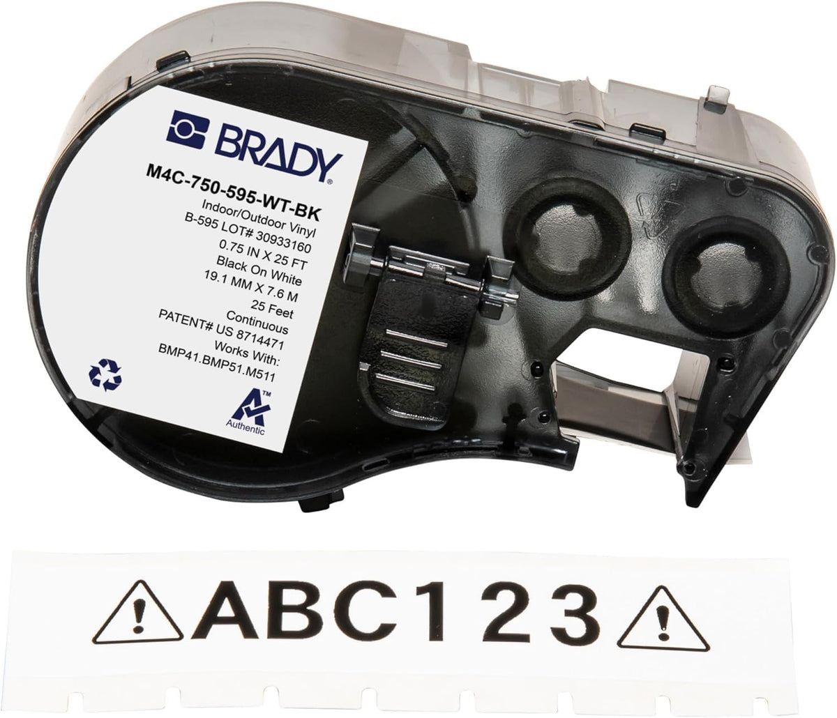 Brady Authentic (M4C-750-595-WT-BK) Etiquetas de Vinilo para Todo Tipo de Clima, 0.75 Pulgadas de Ancho x 25 pies, Negro sobre Blanco. para Uso con impresoras de Etiquetas BMP41, BMP51, M410, M510 y