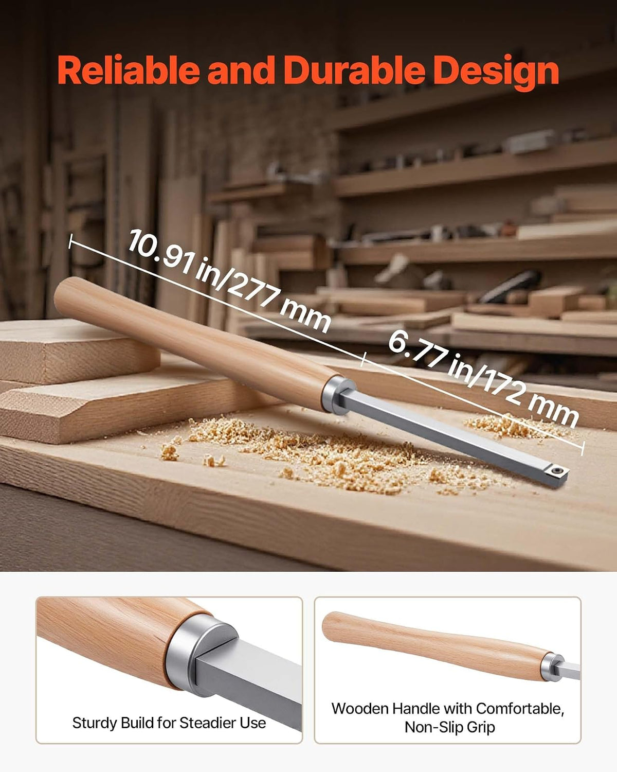 VEVOR 6 PCS Juego de Herramientas de Torneado para Madera Herramienta Hueca para Desbaste, Acabado y Detalle con Mango de Madera, Insertos de Carburo Redondos y Cuadrados de Diamante, Caja de Madera