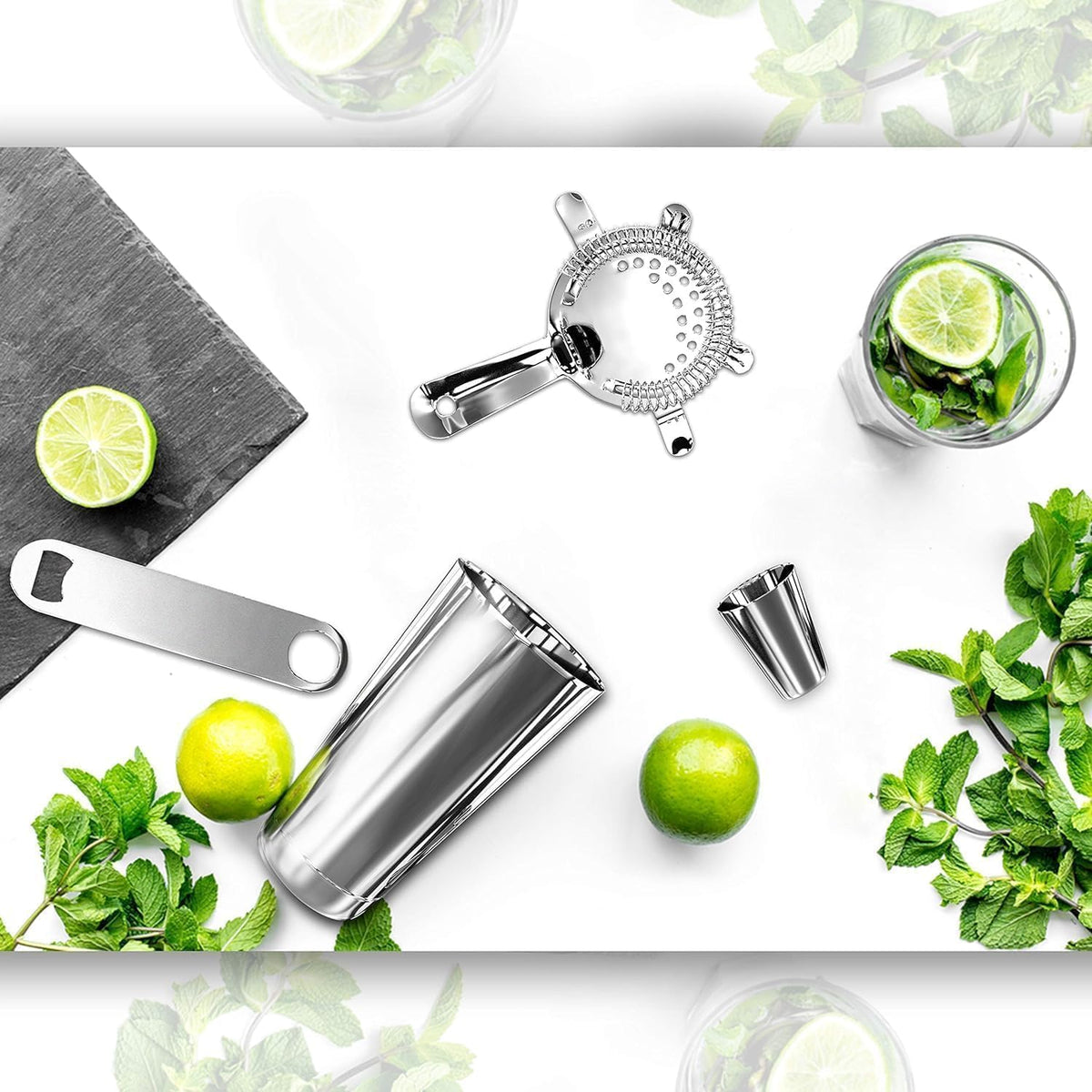 nutrichef Mixology Bartender Cocktail Shaker Set - 15 30 oz Stainless Steel Cocktail Bar Set Mix Drink Shaker Kit - Essentials Martini Making Kit Drink Mixing Starter Set - NCCS15PC (15 Piece Set)