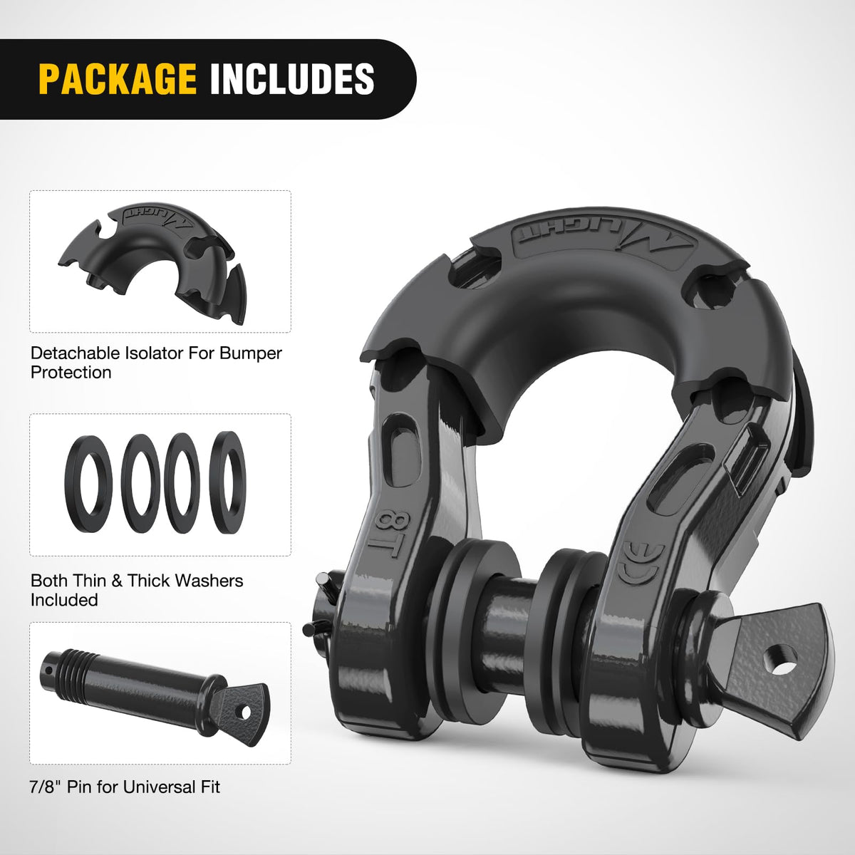 Nilight Grilletes de Anillo en D 3/4", Pasador 7/8", 70 LB, Negro, Paquete de 2 - Compatible Jeep, ATV, Camión