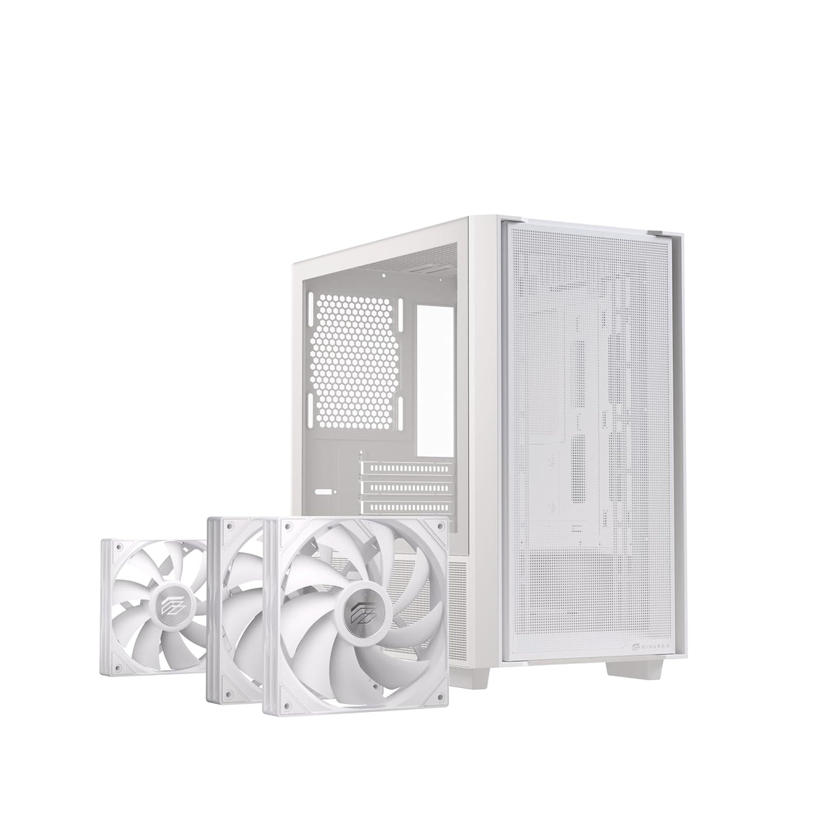 EINAREX Pulse PM150 White - Gabinete Micro-ATX, Cristal Templado, Panel Frontal de Malla, Incluye 3 Ventiladores RGB, USB C, Soporta Enfriamientos de 240mm