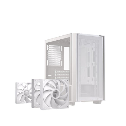 EINAREX Pulse PM150 White - Gabinete Micro-ATX, Cristal Templado, Panel Frontal de Malla, Incluye 3 Ventiladores RGB, USB C, Soporta Enfriamientos de 240mm