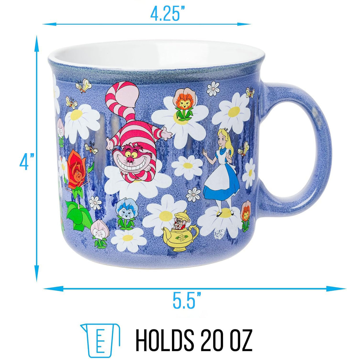 Silver Buffalo Disney Alicia en el país de las maravillas con gato Cheshire, sombrerero loco, conejo blanco y más esmaltado reactivo, taza de cerámica campista de 20 onzas