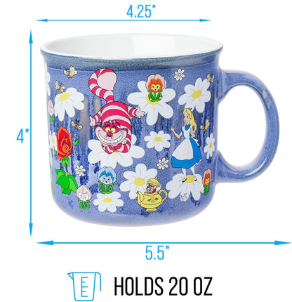 Silver Buffalo Disney Alicia en el país de las maravillas con gato Cheshire, sombrerero loco, conejo blanco y más esmaltado reactivo, taza de cerámica campista de 20 onzas