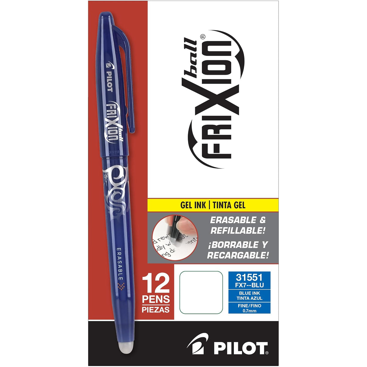 Pilot Frixion Ball, Bolígrafo tinta borrable azul, caja con 12 piezas (31551)