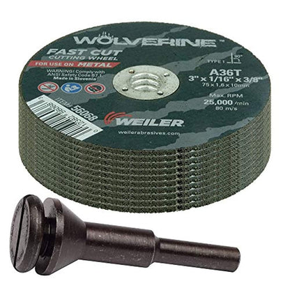 Weiler Juego de Rueda de Corte y Mandril para Amoladora de Troqueles 56089 | Incluye Mandril 56490, Ruedas Wolverine T1 3" x 1/16", A36T, 3/8" AH, 1 Mandril y 10 Ruedas