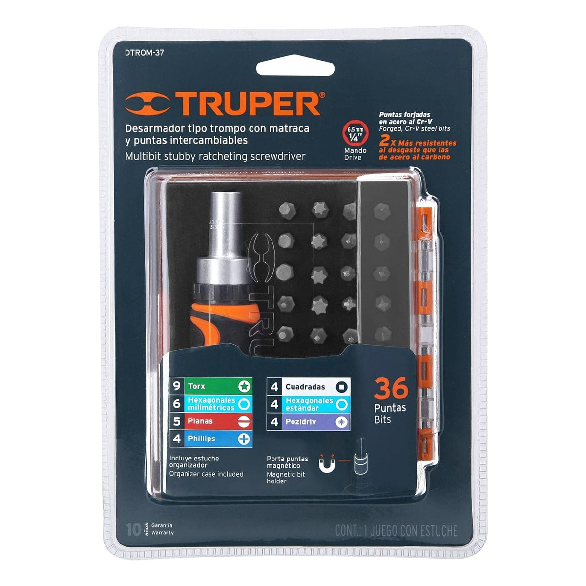 Truper DTROM-37, Desarmador tipo trompo con matraca, 37 piezas