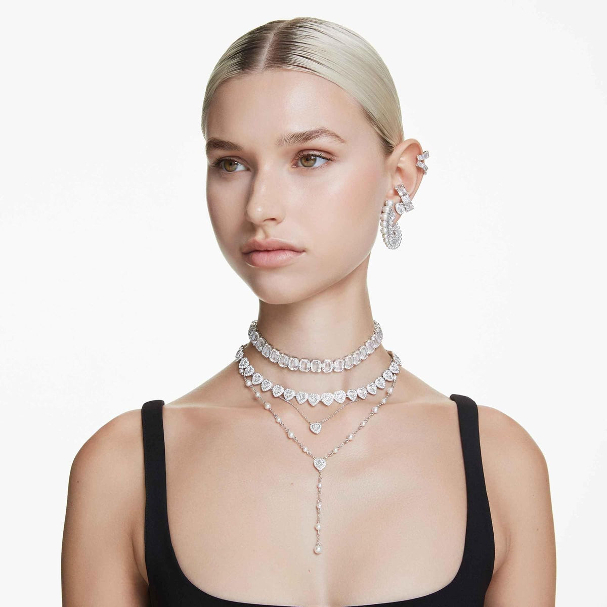 Swarovski Pulsera ariana grande x, perla de cristal, talla redonda, blanca, baño de rodio