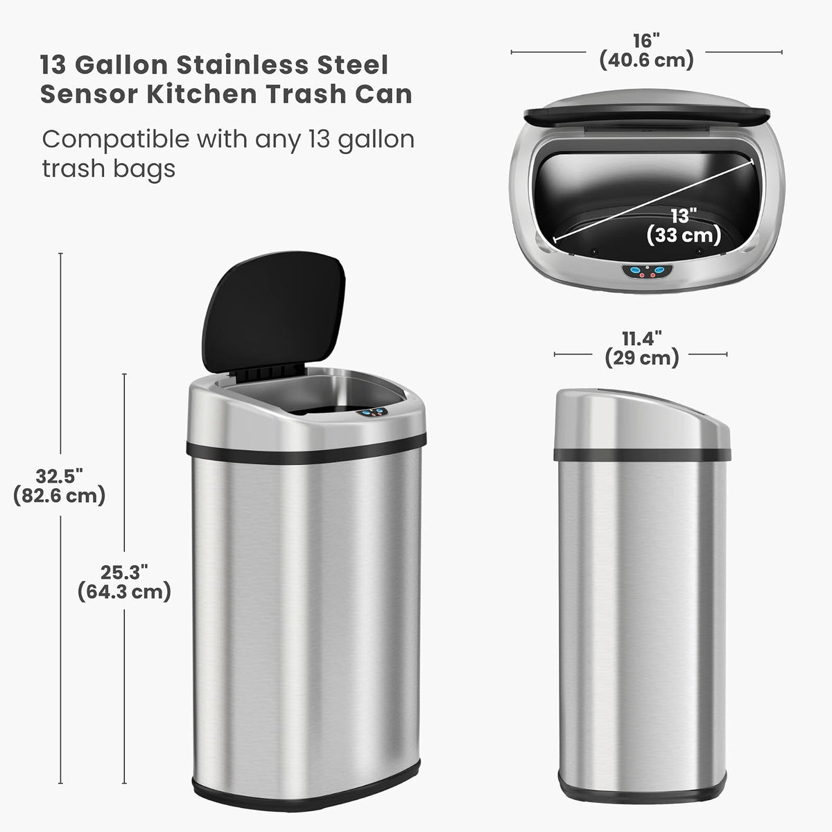 iTouchless Papelera de Cocina con Sensor de 13 Galones | Tapa automática, filtro de olor, acero inoxidable, ovalado, uso en hogar y oficina