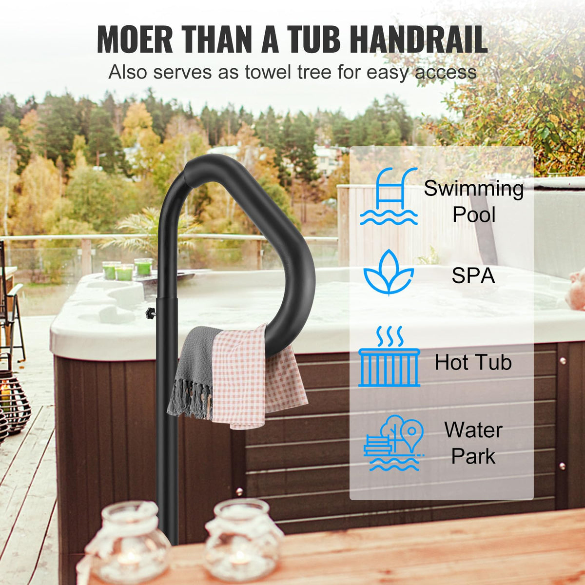 VEVOR Pasamanos Lateral para Spa 54,2x37x160 cm Pasamanos de Jacuzzi Giratorio de 360​​​​° Altura Ajustable 122,92-160 cm Carga 272 kg Base de Montaje Deslizante de Aluminio Antioxidante para Bañera