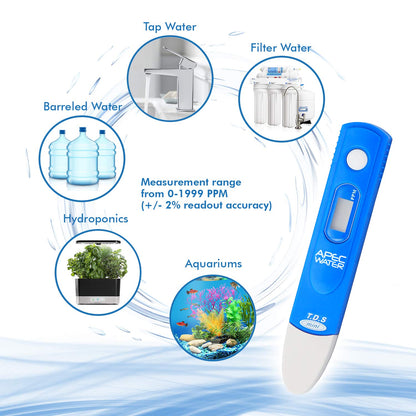 APEC TDS - Medidor digital de calidad de agua TDS con estuche de transporte, rango de medición de 0 a 1999 ppm, resolución de 1 ppm, precisión de lectura +/- 2%