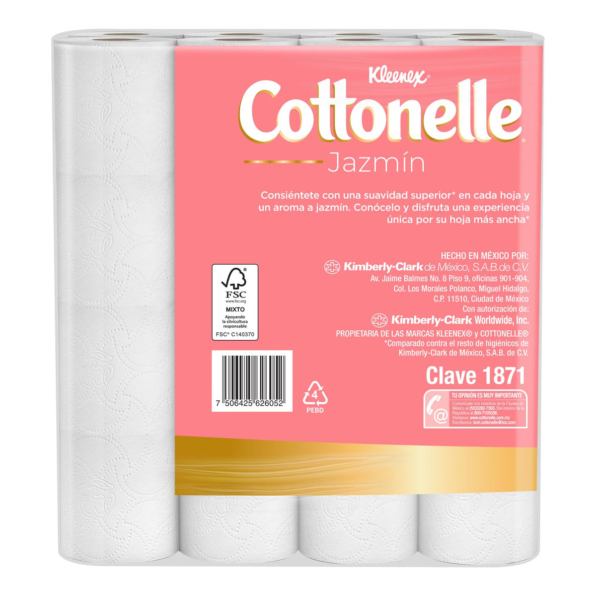 Kleenex Cottonelle Beauty, Papel Higiénico, Aroma a Jazmín, Paquete con 32 Rollos de 408 Hojas Dobles C/U
