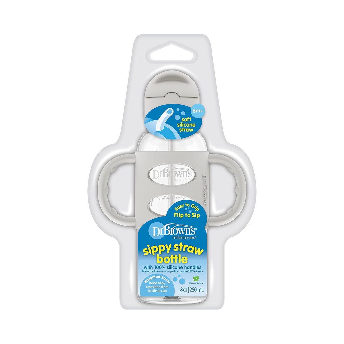 Dr. Brown's Milestones - Botella de paja estrecha para sorbos a prueba de derrames con asas 100% de silicona y popote con peso, 8 onzas/250 ml, gris, 6 m+