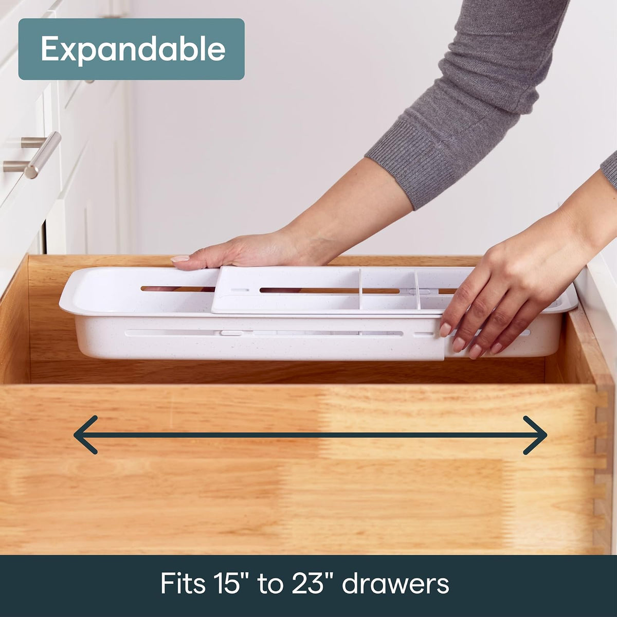 YouCopia DrawerFit - Bandeja deslizante para cajones con divisores ajustables, organizador de almacenamiento de cocina ampliable, color blanco moteado
