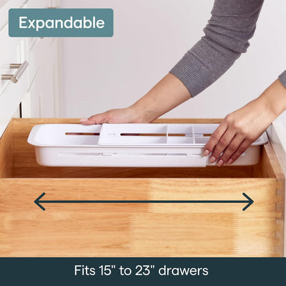 YouCopia DrawerFit - Bandeja deslizante para cajones con divisores ajustables, organizador de almacenamiento de cocina ampliable, color blanco moteado