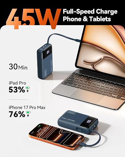 INIU Cargador portátil, pequeño Banco de energía de 20000 mAh con Cable USB-C Integrado, Mini batería de Carga rápida de 45 W, Cargador de teléfono Esencial de Viaje para Estudiantes universitarios