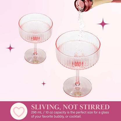 Paris Hilton - Juego de copas de cóctel acanaladas, elegante cristalería estriada, perfecto para champaña, martinis, vino y más, juego de 2, 10 onzas, rosa
