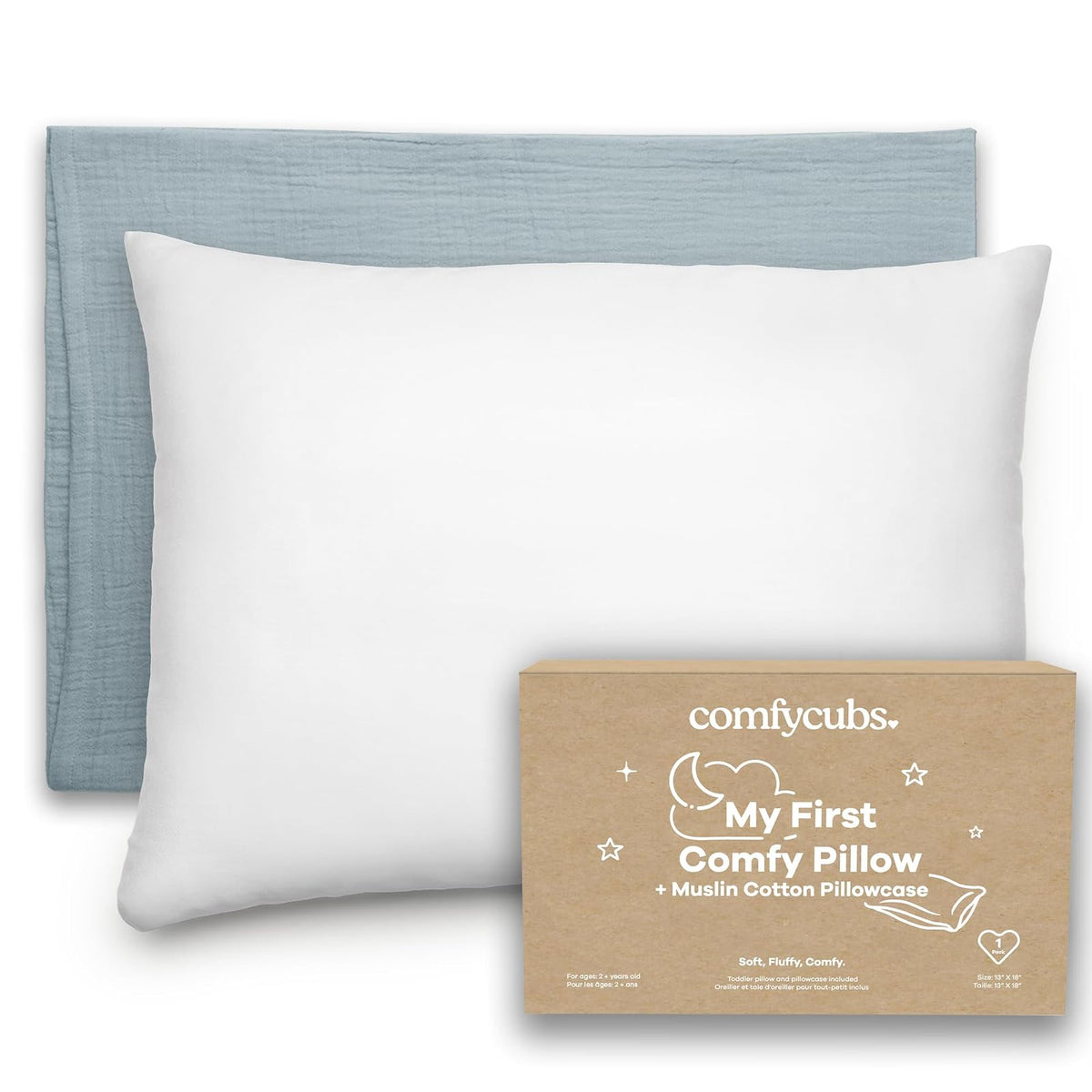 Comfy Cubs Almohada para Niños Pequeños con Funda, 13 x 18 Pulgadas - Azul pacífico - Funda de muselina de algodón, paquete de 1