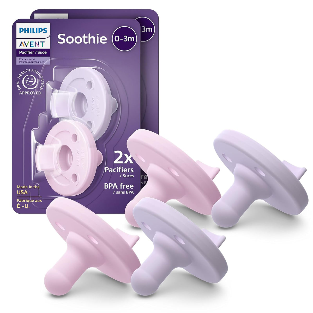 Philips Avent Soothie Chupones ortodónticos para bebés, chupones 100% silicona, de una pieza, sin BPA, para bebés de 0 a 3 meses, 2 lilas y 2 rosas, paquete de 4, modelo SCF190/70