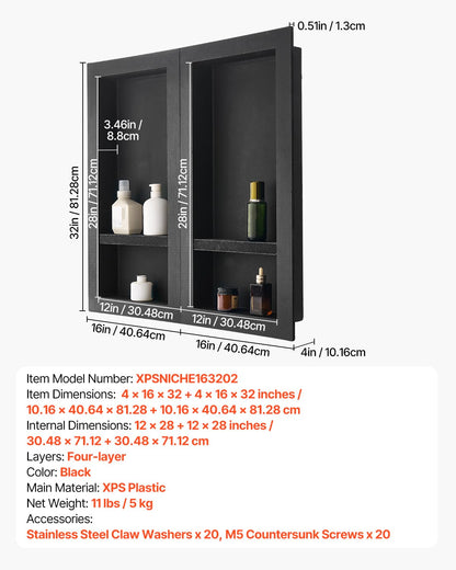 VEVOR Nicho de ducha, 40,6 x 81,2 cm + 40,6 x 81,2 cm, nicho de pared empotrado con estante móvil, organizador moderno de 10,16 cm de grosor para jabón y champú, esquinas cuadradas