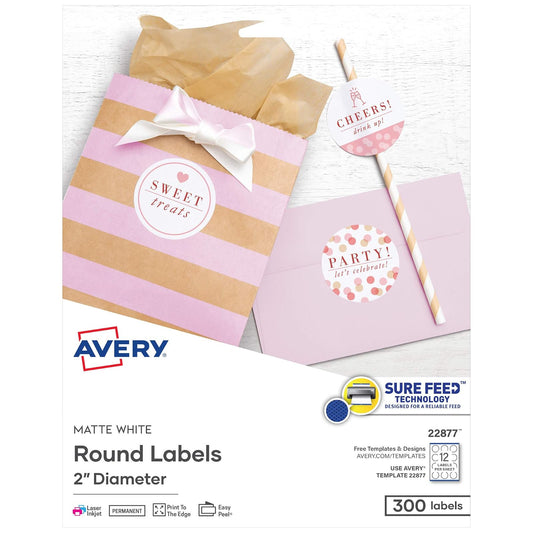 Avery - Etiquetas redondas imprimibles con alimentación segura, 2 pulgadas de diámetro, blanco mate, 300 etiquetas personalizables (22877)