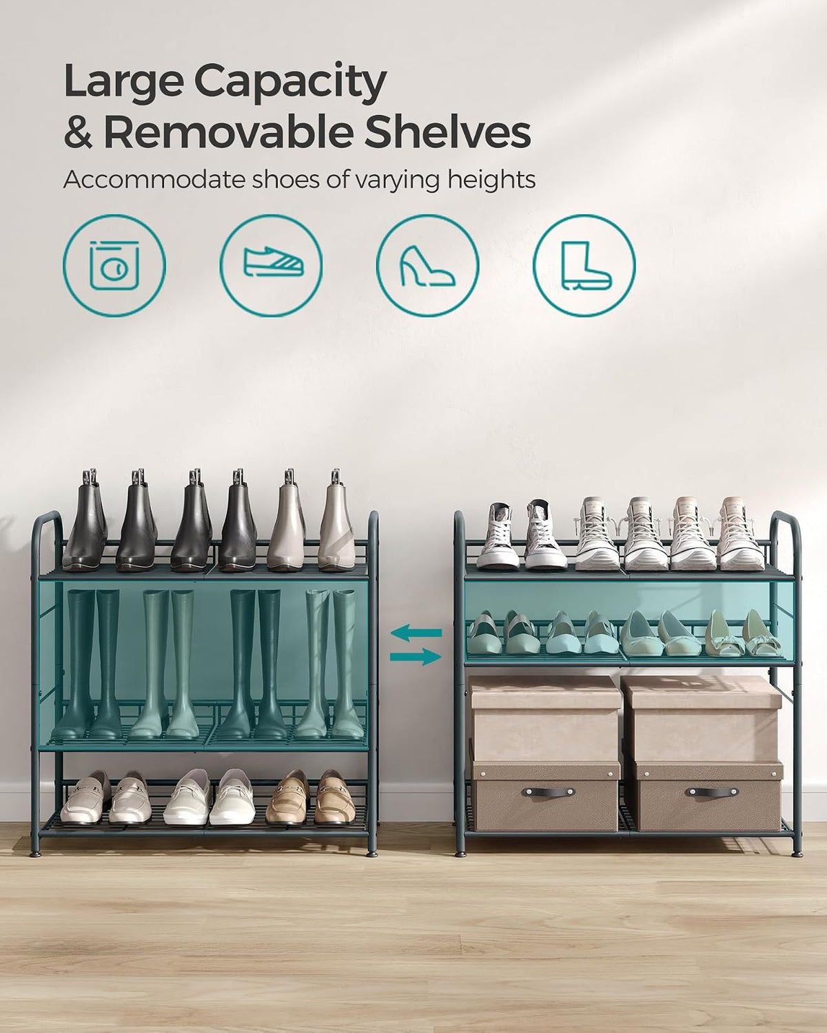 SONGMICS Zapatero, Organizador de Zapatos de 4 Niveles para clóset, Capacidad para hasta 16 Pares de Zapatos, Zapatero para Entrada de Puerta Delantera, Estante de Metal para Zapatos con ángulo de