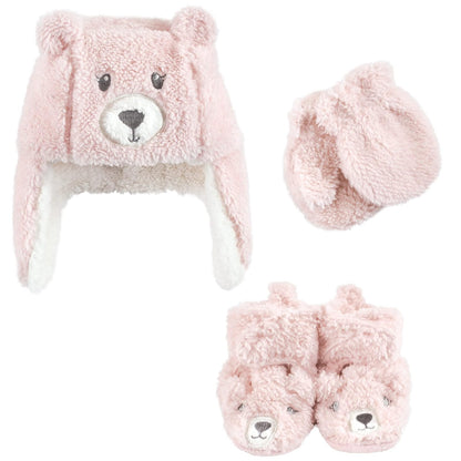 Hudson Baby Juego de gorro, manoplas y botines para niñas - 0-6 Meses - Oso rosado
