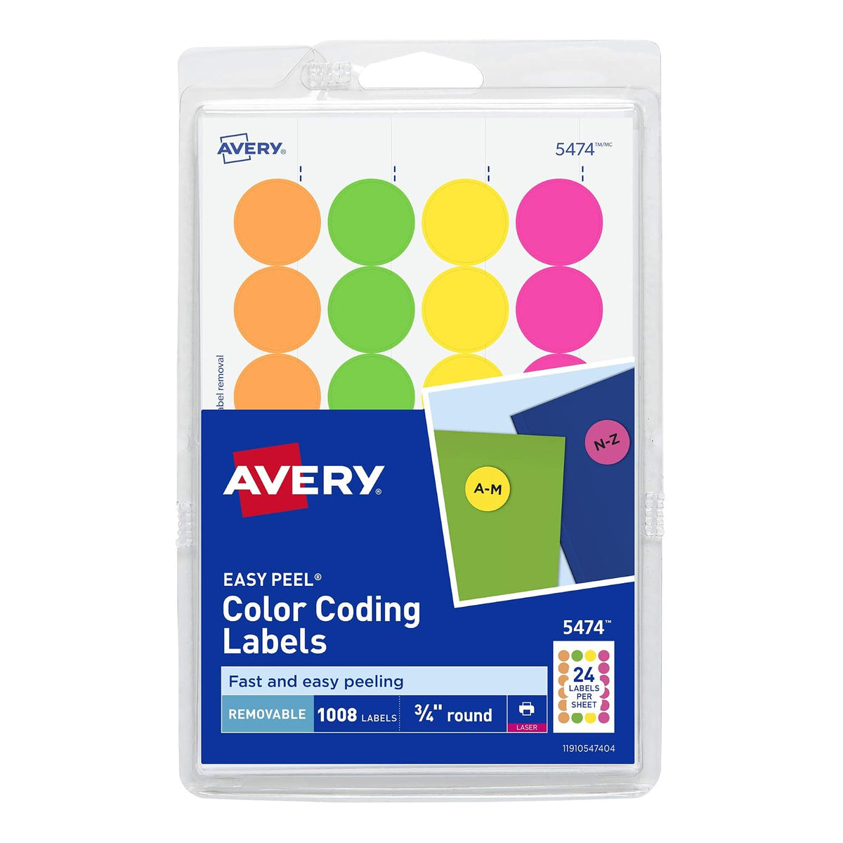 AVERY Pegatinas removibles de impresión o escritura de puntos, 3/4 pulgadas, colores surtidos, paquete de 1008 pegatinas redondas (5474), color blanco